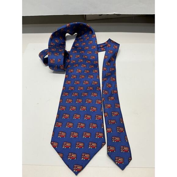 Men's Tie Novelty Beaufort 100% Silk Italy Blue w/ Red Double Decker‎ Bus - Picture 5 of 5